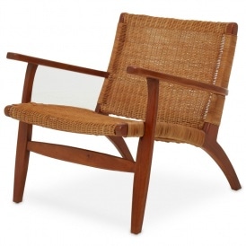 Brown Natural Rattan And Mahogany Wood Reclined Armchair