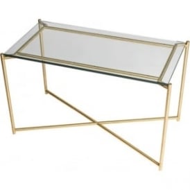 Clear Glass Rectangular Side Table with Brass Cross Base