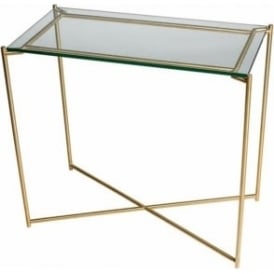 Clear Glass Small Console Table with Brass Cross Base