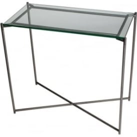 Clear Glass Small Console Table with Gun Metal Cross Base