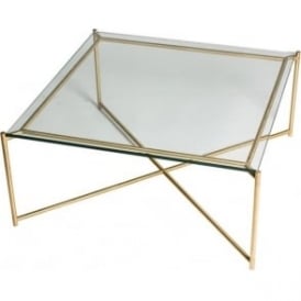 Clear Glass Square Coffee Table with Brass Cross Base