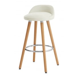 Contemporary White Faux Leather Bar Stool with Beech Legs