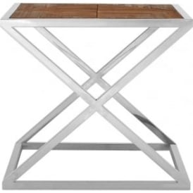 Distressed Fir Wood Side Table with Silver Frame