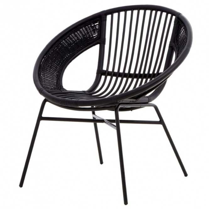 Fusion Living Black Natural Rattan Round Armchair With Black Iron Legs