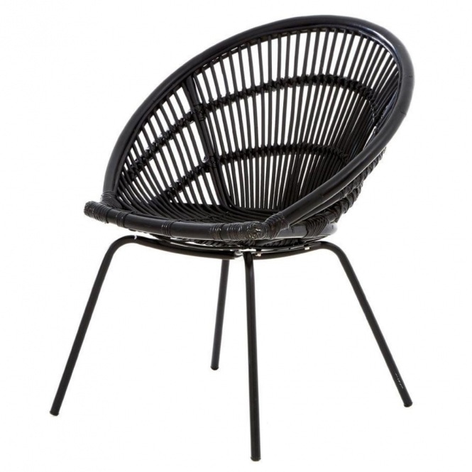 Fusion Living Black Natural Rattan Round Armchair With Black Metal Legs