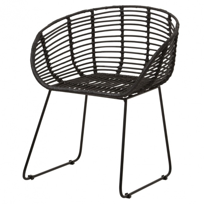 Fusion Living Black Natural Rattan Rounded Armchair With Black Metal Legs