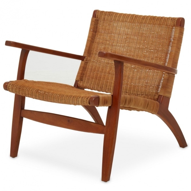 Fusion Living Brown Natural Rattan And Mahogany Wood Reclined Armchair