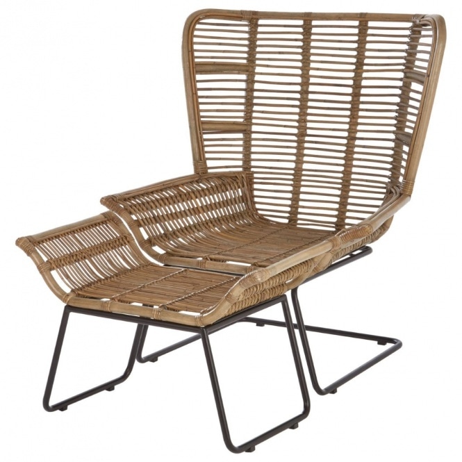 Fusion Living Grey Wash Natural Rattan Lounge Chair And Footstool Set With Black Iron Legs