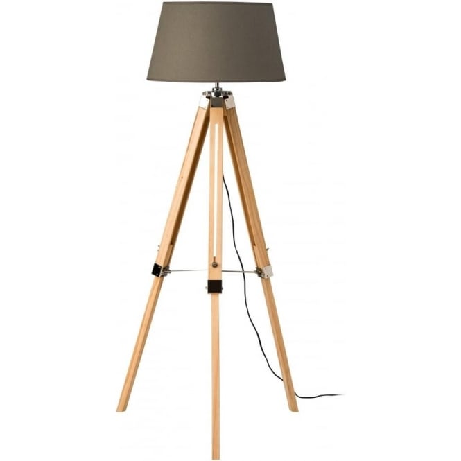 Fusion Living Light Wood Tripod Floor Lamp with Grey Shade
