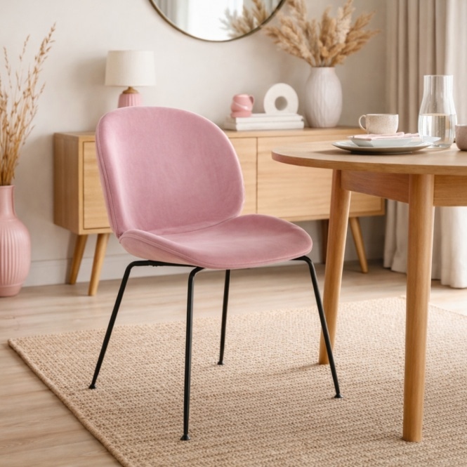 Fusion Living Luxurious Blush Pink Velvet Dining Chair with Black Metal Legs
