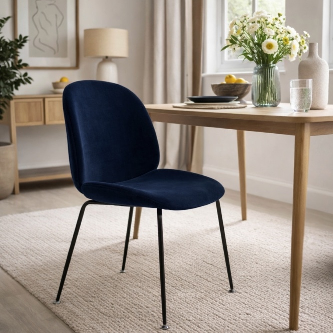 Fusion Living Luxurious Navy Velvet Dining Chair with Black Metal Legs