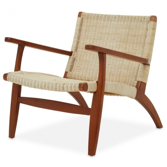 Fusion Living Natural Rattan And Mahogany Wood Reclined Armchair