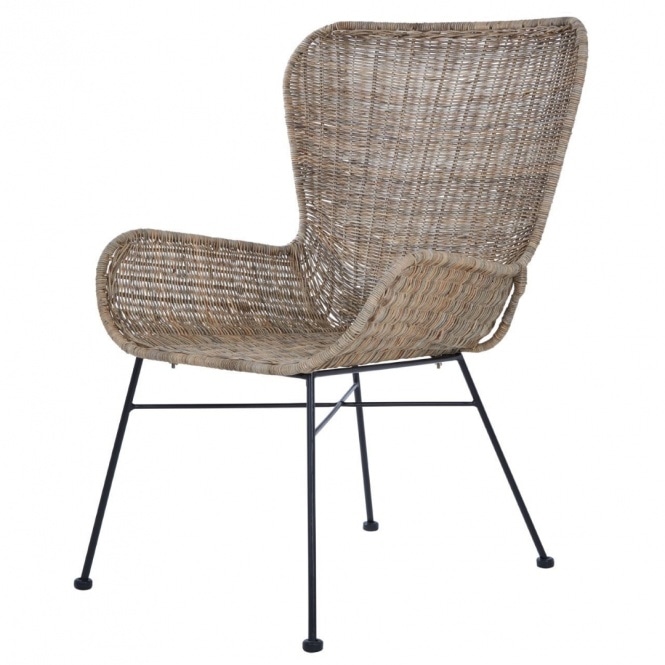 Fusion Living Natural Rattan Curved Lounge Chair With Black Iron Legs