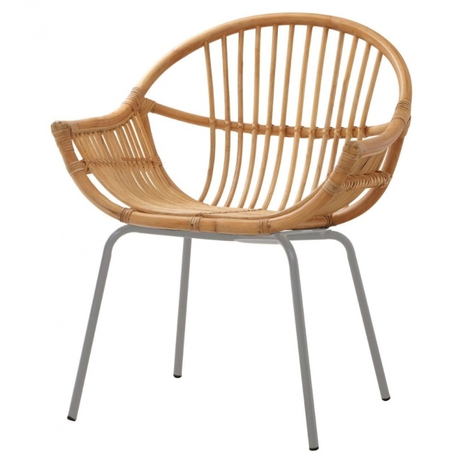 Fusion Living Natural Rattan Round Armchair With Grey Metal Legs