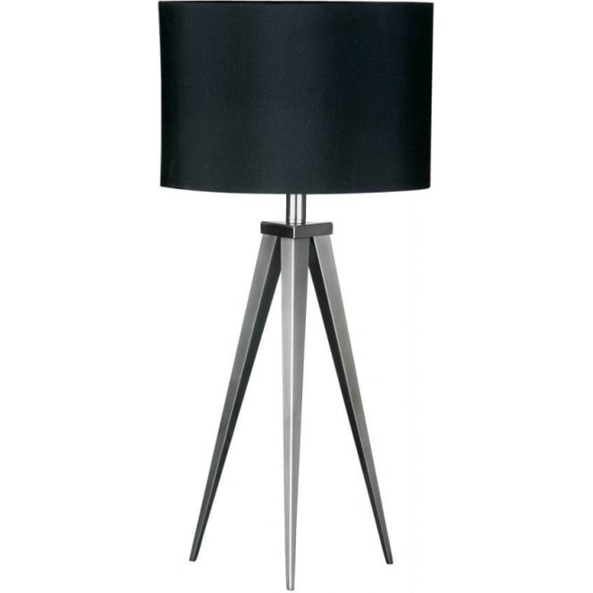 Fusion Living Satin Nickel Small Tripod Table Lamp with Black Shade