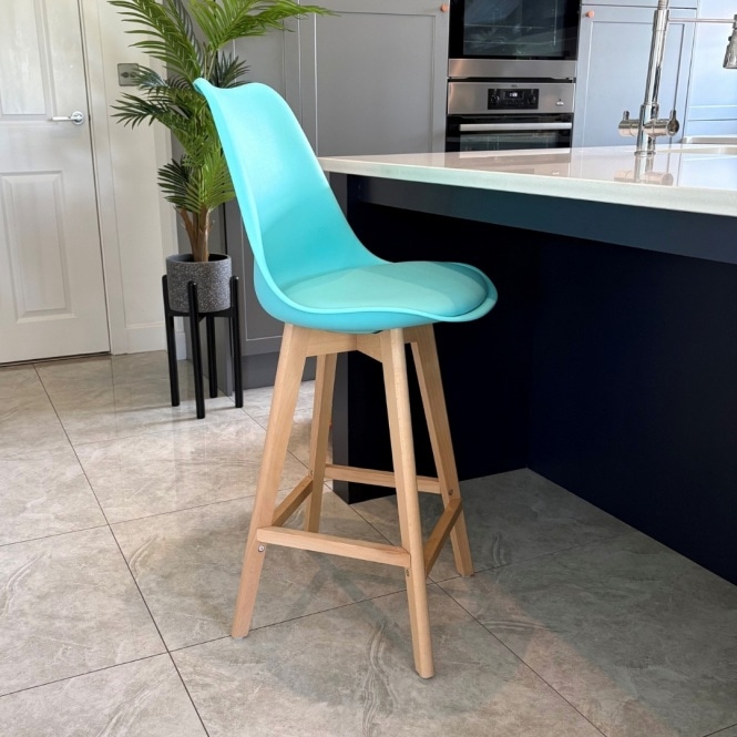 Fusion Living Soho Aqua Blue Plastic Bar Stool with Light Wood Legs