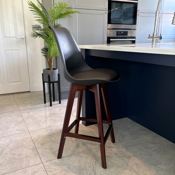 Fusion Living Soho Black Plastic Bar Stool with Dark Wood Legs