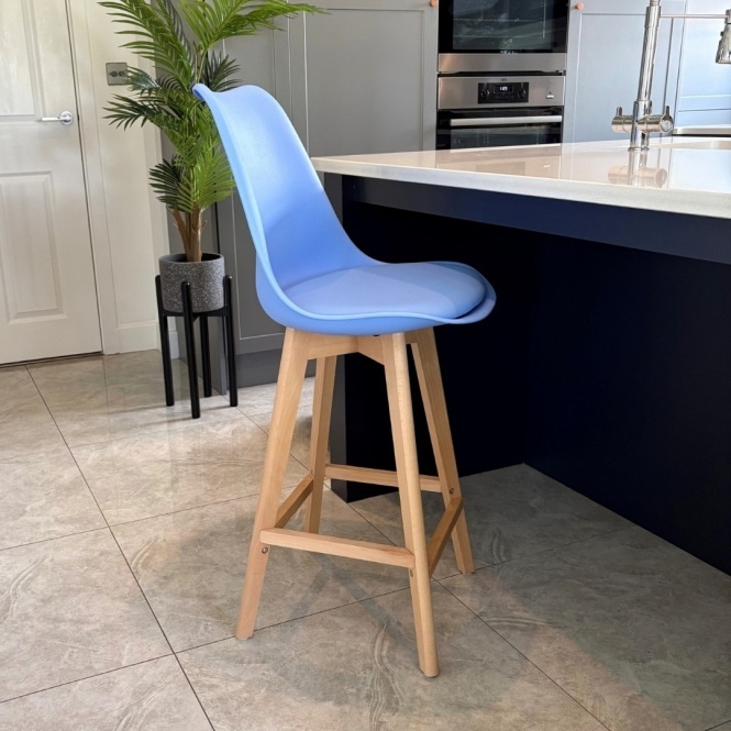 Fusion Living Soho Blue Plastic Bar Stool with Light Wood Legs