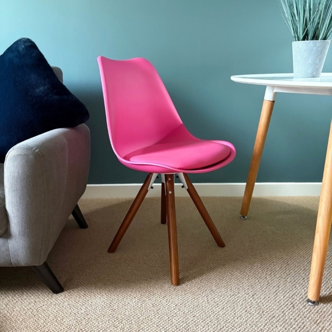 Fusion Living Soho Bright Pink Plastic Dining Chair with Pyramid Dark Wood Legs