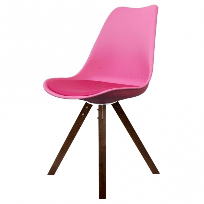 Fusion Living Soho Bright Pink Plastic Dining Chair with Square Pyramid Dark Wood Legs