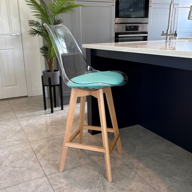 Fusion Living Soho Clear and Aqua Plastic Bar Stool with Light Wood Legs