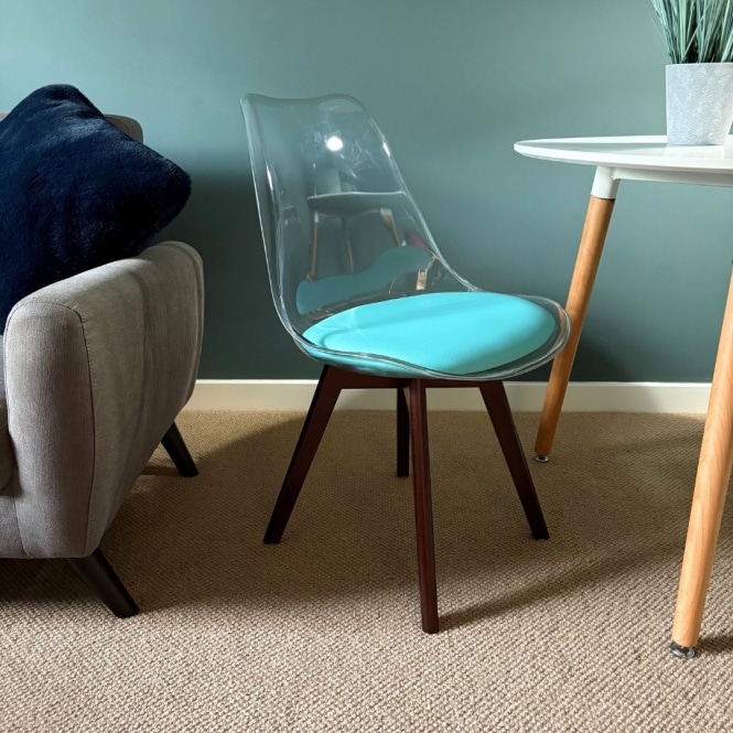 Fusion Living Soho Clear and Aqua Plastic Dining Chair with Squared Dark Wood Legs