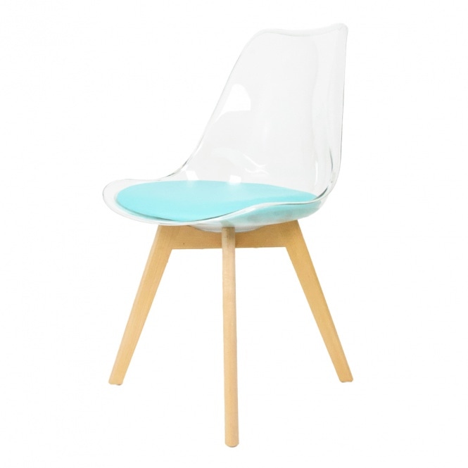 Fusion Living Soho Clear and Aqua Plastic Dining Chair with Squared Light Wood Legs