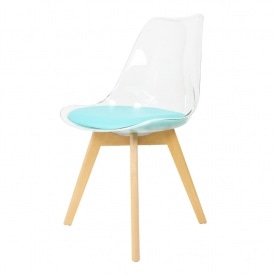 Soho Clear and Aqua Plastic Dining Chair with Squared Light Wood Legs