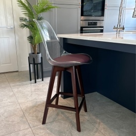 Soho Clear and Aubergine Plastic Bar Stool with Dark Wood Legs