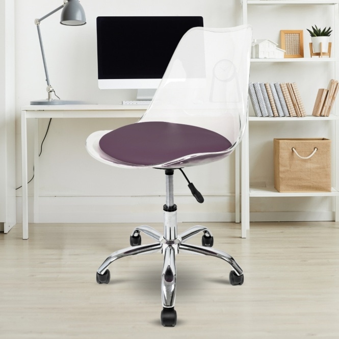 Fusion Living Soho Clear and Aubergine Plastic Desk Chair with Swivel Base