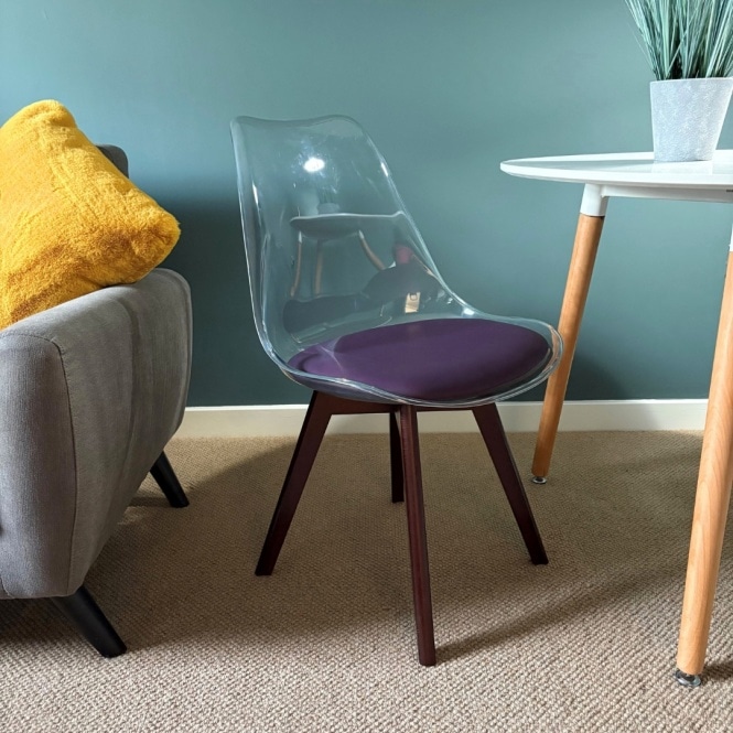 Fusion Living Soho Clear and Aubergine Plastic Dining Chair with Squared Dark Wood Legs