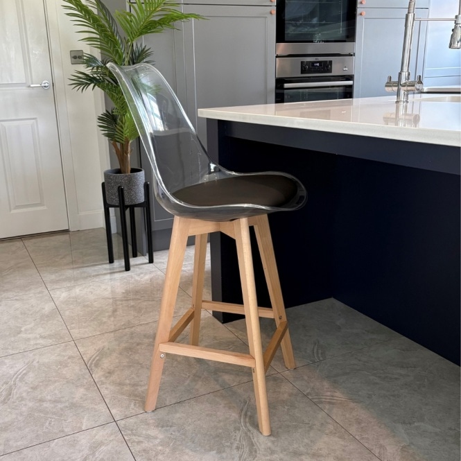 Fusion Living Soho Clear and Black Plastic Bar Stool with Light Wood Legs
