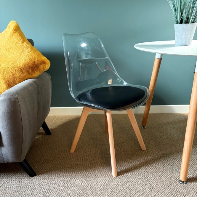 Fusion Living Soho Clear and Black Plastic Dining Chair with Squared Light Wood Legs