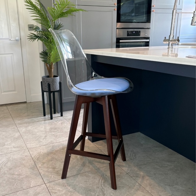 Fusion Living Soho Clear and Blue Plastic Bar Stool with Dark Wood Legs