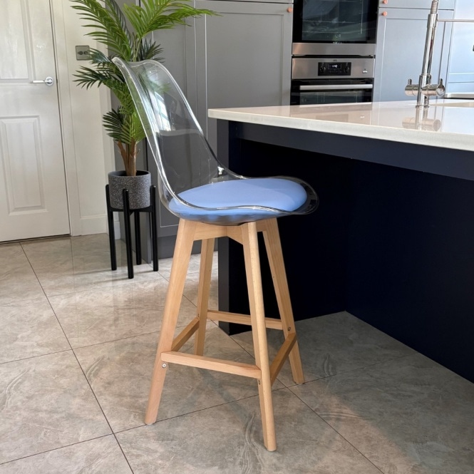Fusion Living Soho Clear and Blue Plastic Bar Stool with Light Wood Legs