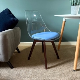 Soho Clear and Blue Plastic Dining Chair with Squared Dark Wood Legs