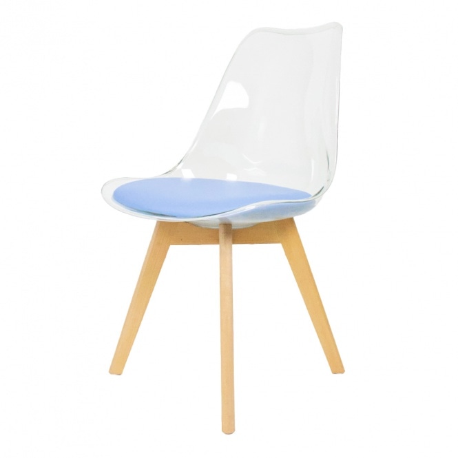 Fusion Living Soho Clear and Blue Plastic Dining Chair with Squared Light Wood Legs