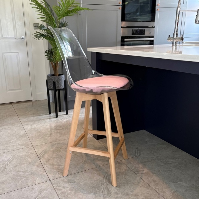 Fusion Living Soho Clear and Blush Pink Plastic Bar Stool with Light Wood Legs