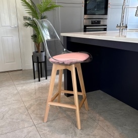 Soho Clear and Blush Pink Plastic Bar Stool with Light Wood Legs
