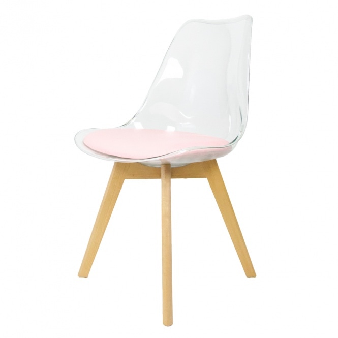 Fusion Living Soho Clear and Blush Pink Plastic Dining Chair with Squared Light Wood Legs