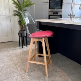 Soho Clear and Bright Pink Plastic Bar Stool with Light Wood Legs
