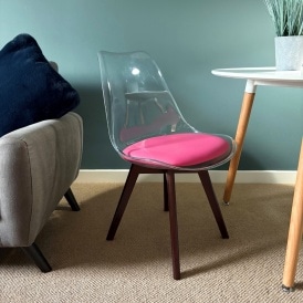 Soho Clear and Bright Pink Plastic Dining Chair with Squared Dark Wood Legs