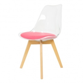 Soho Clear and Bright Pink Plastic Dining Chair with Squared Light Wood Legs