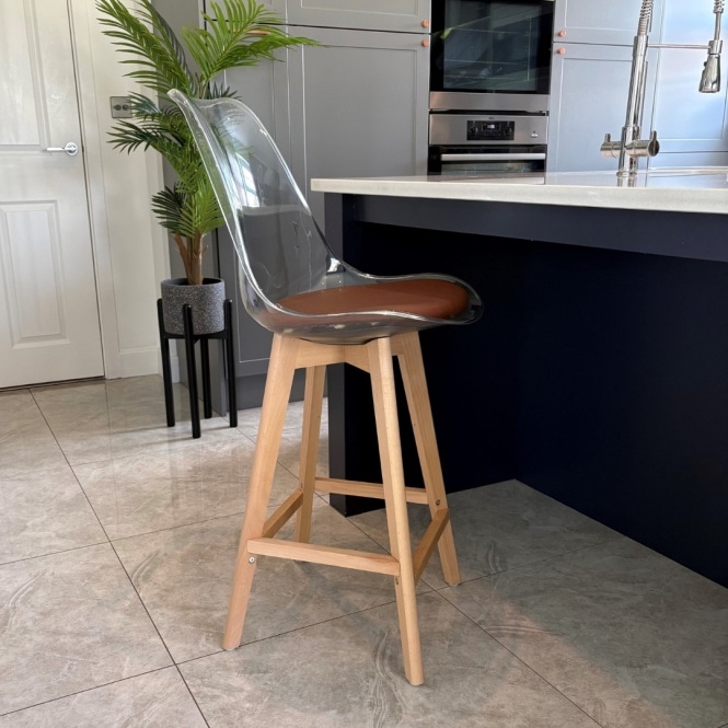 Fusion Living Soho Clear and Chocolate Plastic Bar Stool with Light Wood Legs