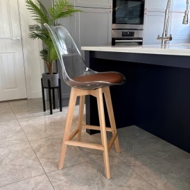 Soho Clear and Chocolate Plastic Bar Stool with Light Wood Legs
