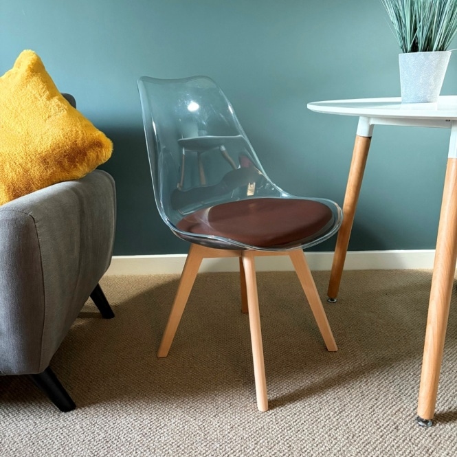 Fusion Living Soho Clear and Chocolate Plastic Dining Chair with Squared Light Wood Legs