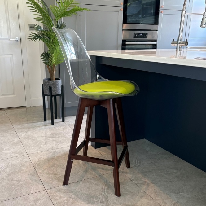 Fusion Living Soho Clear and Green Plastic Bar Stool with Dark Wood Legs