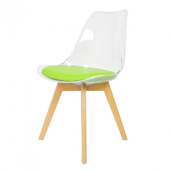 Fusion Living Soho Clear and Green Plastic Dining Chair with Squared Light Wood Legs
