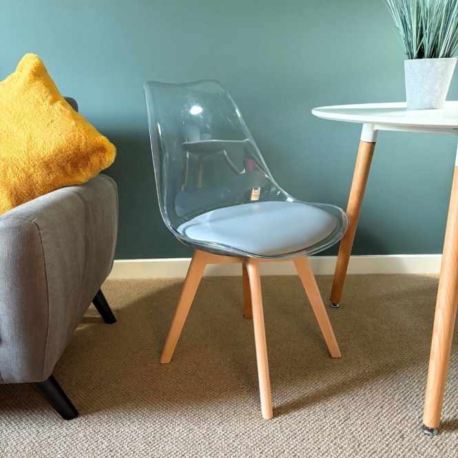 Fusion Living Soho Clear and Light Grey Plastic Dining Chair with Squared Light Wood Legs