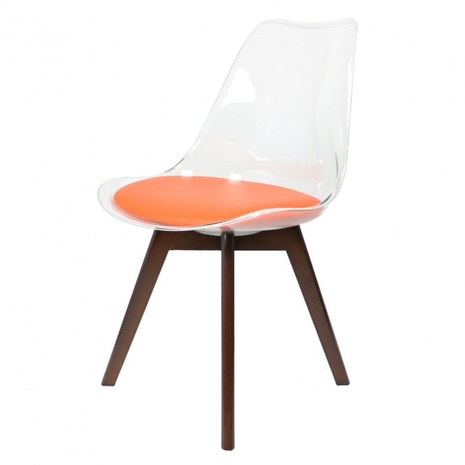 Fusion Living Soho Clear and Orange Plastic Dining Chair with Squared Dark Wood Legs